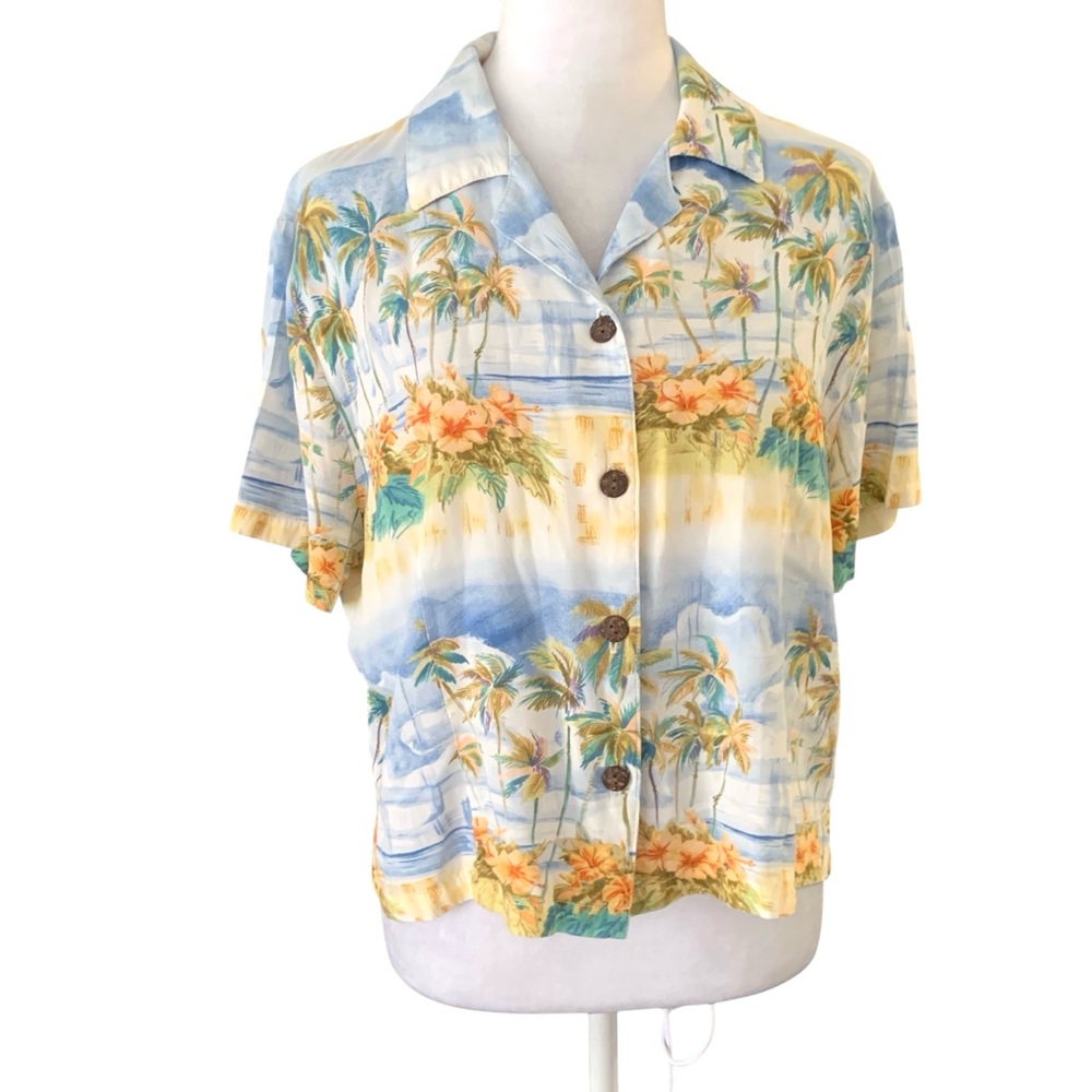 Kahala XL Hawaiian Tropical Print Women’s Button Front Boxy Crop Top Luau
